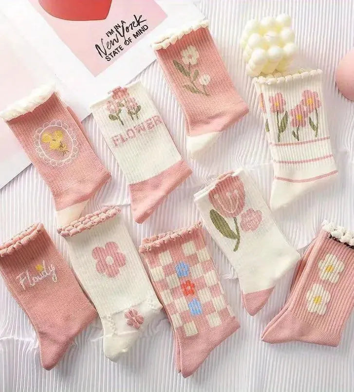 9 Pairs Floral Print Ruffled Socks Sweet Comfy Mid Tube Socks For Women's Four Seasons Wearing - KawaSocks