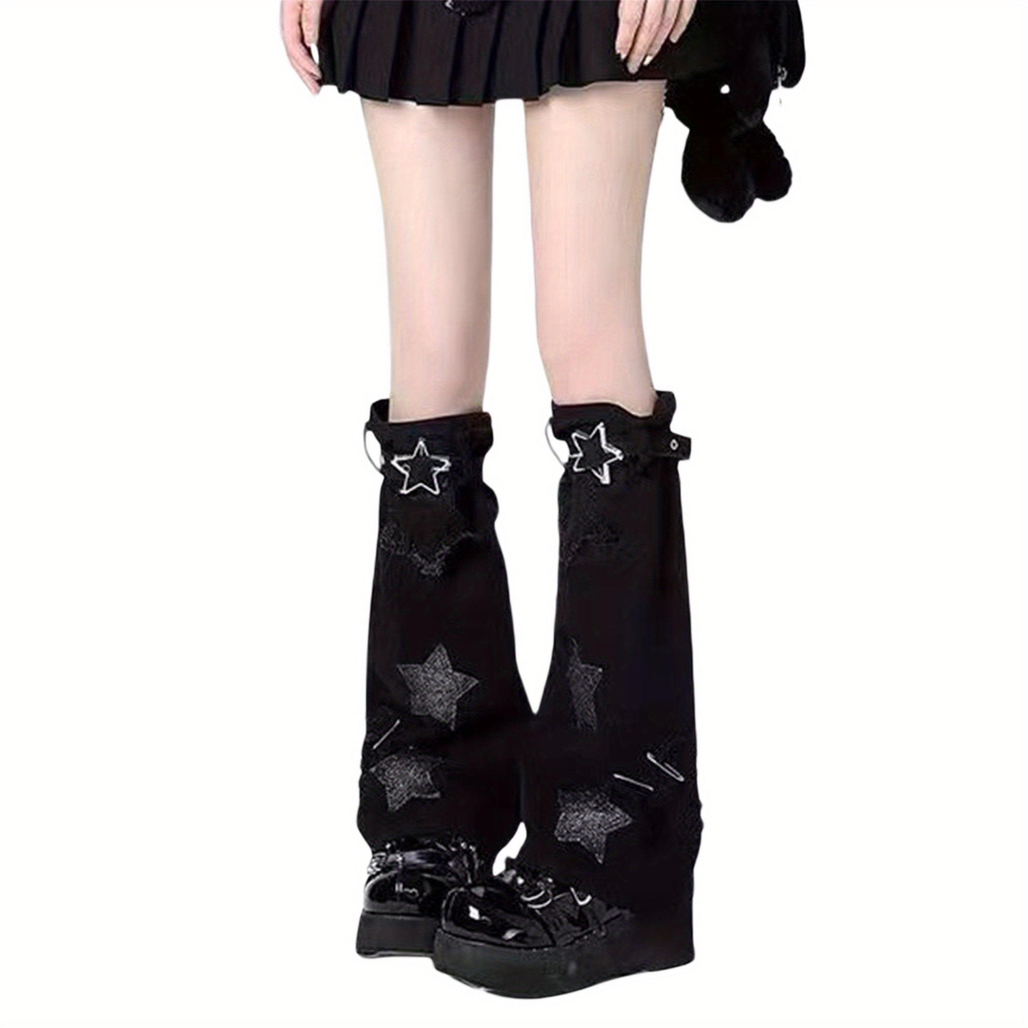 Women's Fashion Flared Knee-High Socks with Five-Pointed Star Patch, Knitted Polyester Leg Warmers for Themed Party