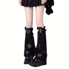 Women'S Y2K Leg Warmers Socks Knitted Star Pattern Punk Japanese Kawaii Wide Leg Set Cute Crochet Out Baggy Flared Leg 80s Arm Warmers Ankle Aesthetic Socks Accessories Streetwear Leg Cover for Fairy Knee High Leg Socks Cutec - KawaSocks