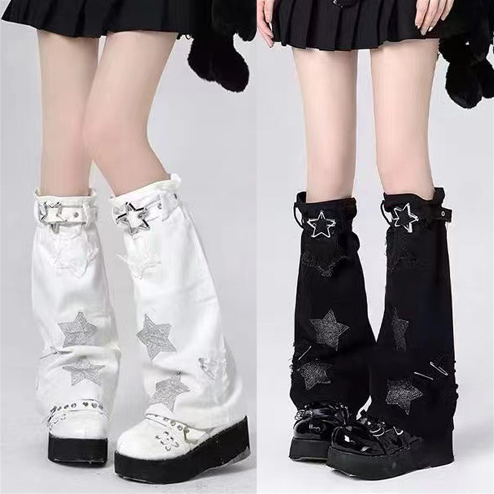 Women's Fashion Flared Knee-High Socks with Five-Pointed Star Patch, Knitted Polyester Leg Warmers for Themed Party