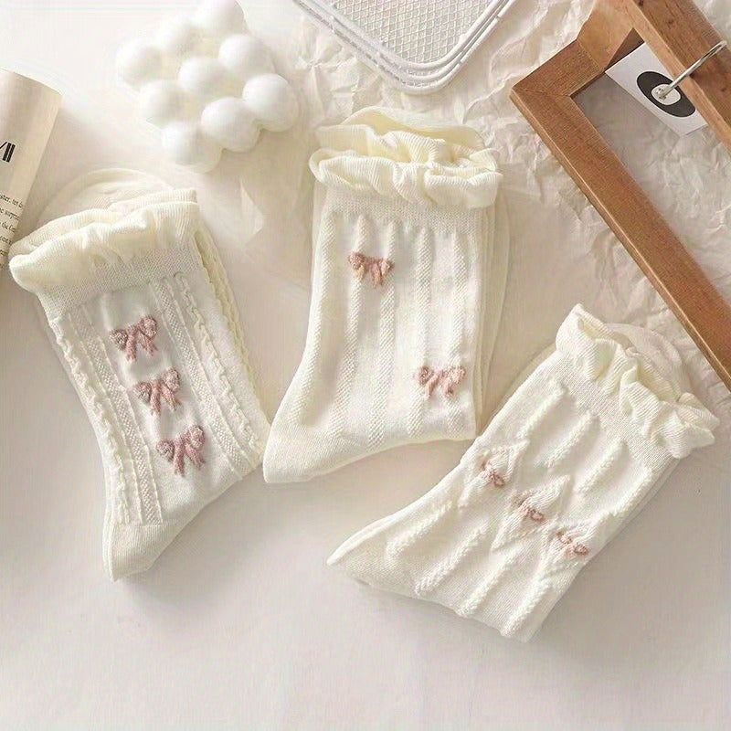 9 pairs of bow print and floral flower socks, cute sweet and versatile breathable ruffle socks, women's stockings and socks, suitable for autumn, winter and Christmas