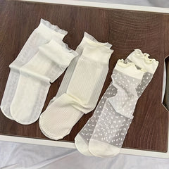 3 Pairs Ultra-Thin Breathable Ice Lace Socks for Women'S Breathable Mesh Pile Up Socks, Cute And Versatile Heelless Socks for Girls Thin Socks - KawaSocks