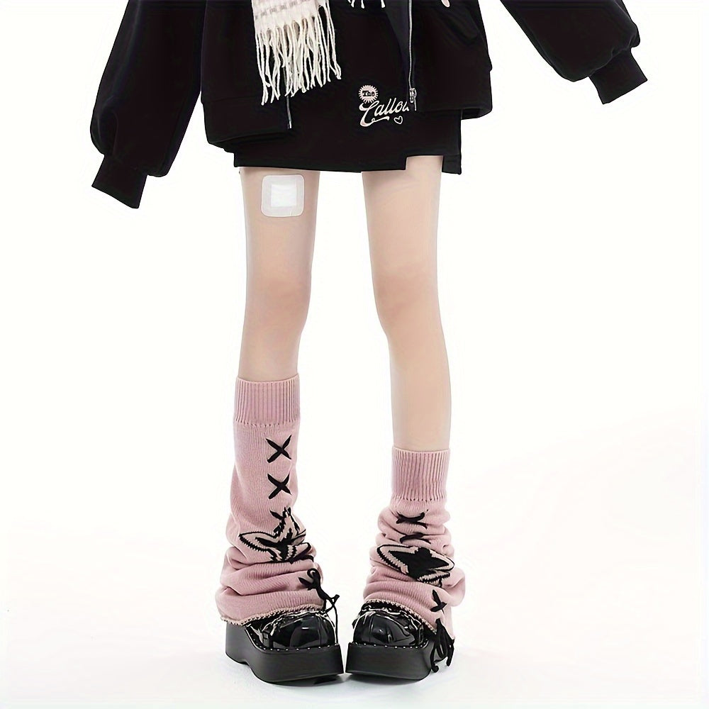 Chic Star-Patterned Cross-Tie Knit Leg Warmers for Women - Fashionable Over-the-Knee Socks, Polyester