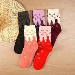 Women's Polyester Crew Socks 5 Pairs - Vintage Polka Dot & Tree Pattern, Comfortable Knit Fabric, Stretchy Warm Mid-Calf Length Socks with Moisture-Wicking for Autumn and Winter - KawaSocks