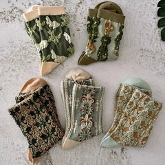 10 Pairs Womens Floral Casual Socks Vintage Patterned Crew Socks Embroidered Floral Dress Socks Fashion Socks For Women Girls - KawaSocks