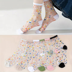 6 Pairs Sweetly Dotted Womens Socks - Lightweight Glass Silk Mid-Tube Style, Fashionable & Breathable, Perfect for Stockings Collection - KawaSocks