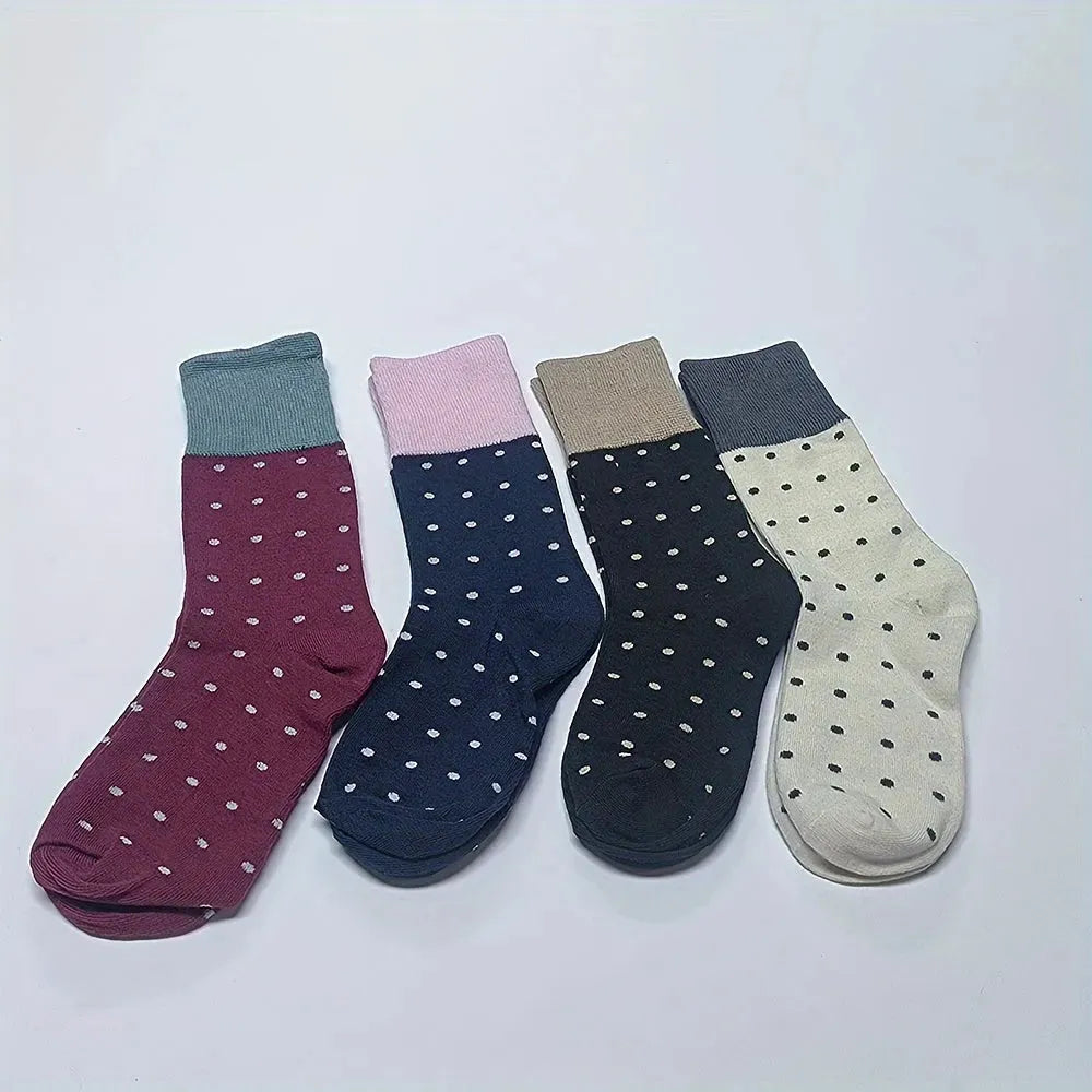 4 Pairs All-Season Knit Fabric Polyester Socks - Polka Dot, Elegant Mid-Length, Hand Wash Only - KawaSocks