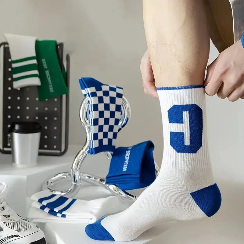 10 Pairs Of Mixed-color Klein Blue Checkerboard Student Sports Socks For Couples, Long Socks For Men And Women, Mid-calf Socks, Long-tube Running Socks, Versatile Casual Socks, Crew Socks, Youth Socks - KawaSocks