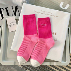 3-Pack Women'S Striped Knit Polyester Socks, Versatile All-Season Embroidered Crew Socks, Machine Washable