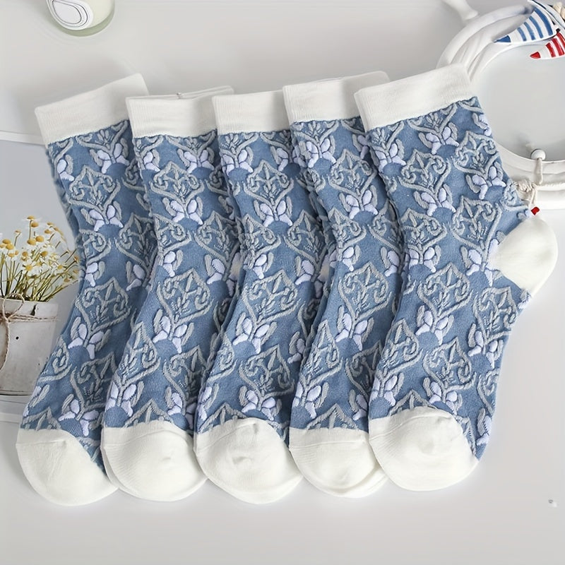 5 Comfy Cartoon Flower Pattern Knitted Socks, Breathable Soft Crew Socks For Outdoor Wearing