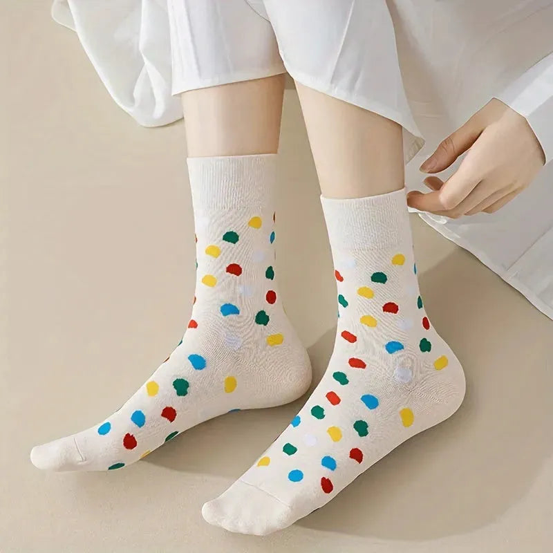 4-Pack Crew Polka Dot Socks for Teens, Comfortable Cotton Blend, All-Season Knit Fabric, Casual Cute Dotted Teen Socks with Stretch - Hand Washable - KawaSocks