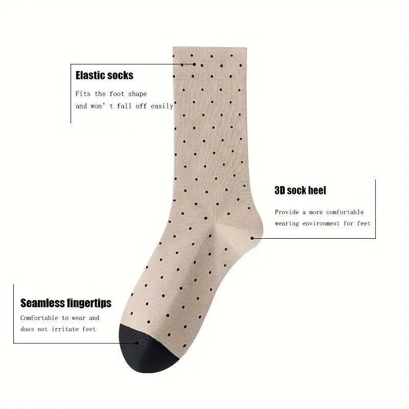 5 Pairs Womens Trendy Polka Dot Mid-calf Socks Crew Casual Cotton Cute Socks Fun Novelty Thin Dress Socks For Girls Gifts Outdoor Sports Deodorant Comfortable And Breathable - KawaSocks