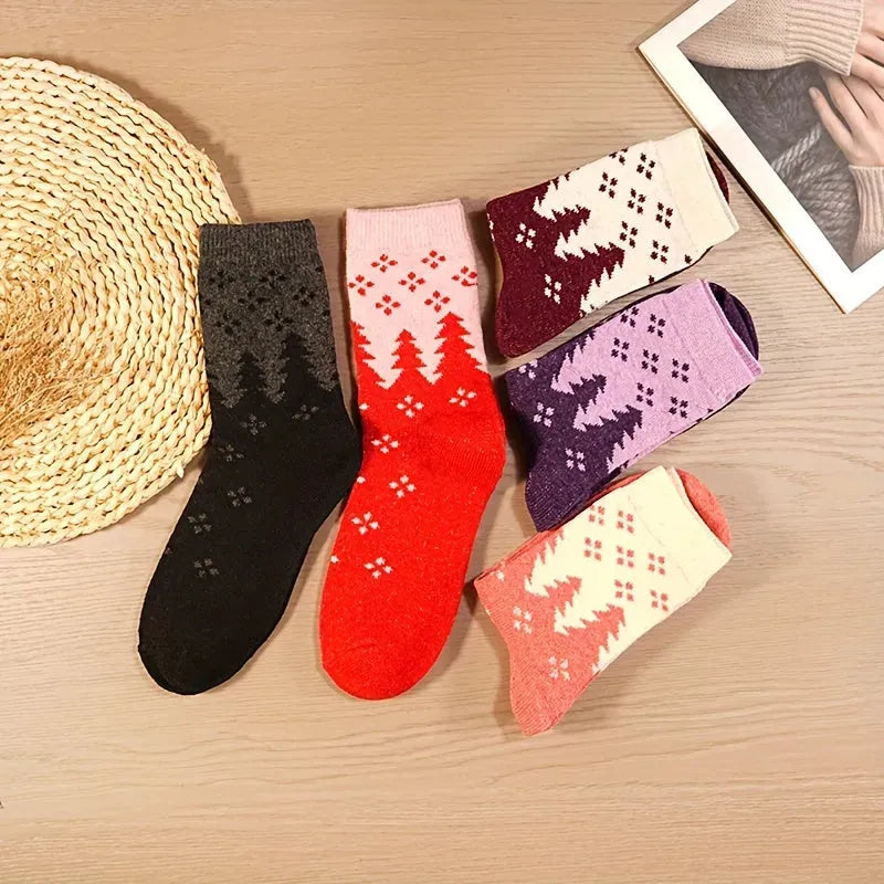 Women's Polyester Crew Socks 5 Pairs - Vintage Polka Dot & Tree Pattern, Comfortable Knit Fabric, Stretchy Warm Mid-Calf Length Socks with Moisture-Wicking for Autumn and Winter - KawaSocks