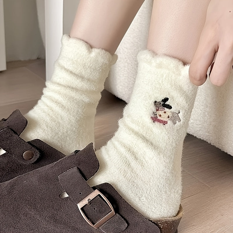 4 Pairs Women'S Winter Warm Fuzzy Socks, Cute Cartoon Plus Velvet Padded, Solid Color Knit Fabric, Polyester 90% Spandex 10%, Hand Washable, 300g/m² - Cozy Japanese Style Floor Sleep Socks