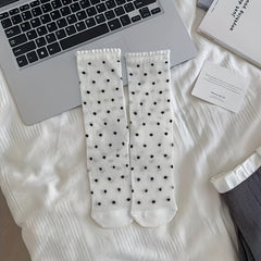 4 Pairs Of Bow And Polka Dot Print Socks, Sweet And Breathable Ruffled Crew Neck Socks, Women's Stockings And Socks - Autumn