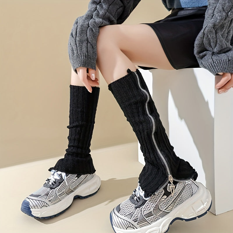 Y2K-Inspired Zip-Up Knit Leg Warmers - Cozy Acrylic, Solid Color, Perfect for Fall/Winter Fashion