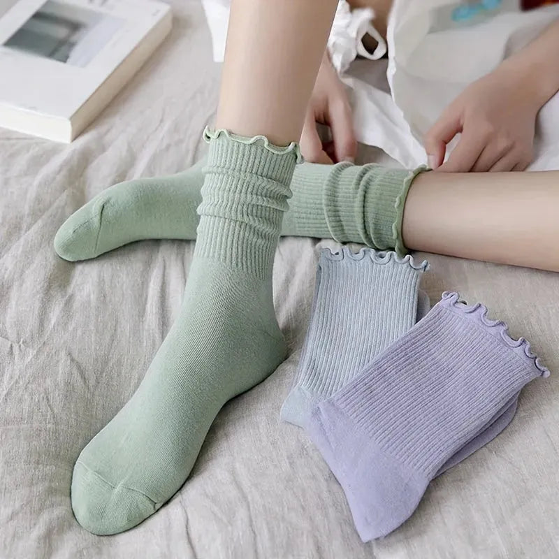 7 Pairs Women's Socks, Ruffle Turn-Cuff Casual Crew Socks Multicolor Breathable Casual Calf Socks Size 6-11 - KawaSocks