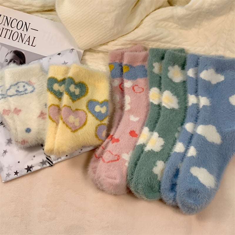 5 Pairs Floral & Butterfly Pattern Socks, Cute & Sweet Fluffy Warm Mid Tube Socks For Fall & Winter, Women's Stockings & Hosiery