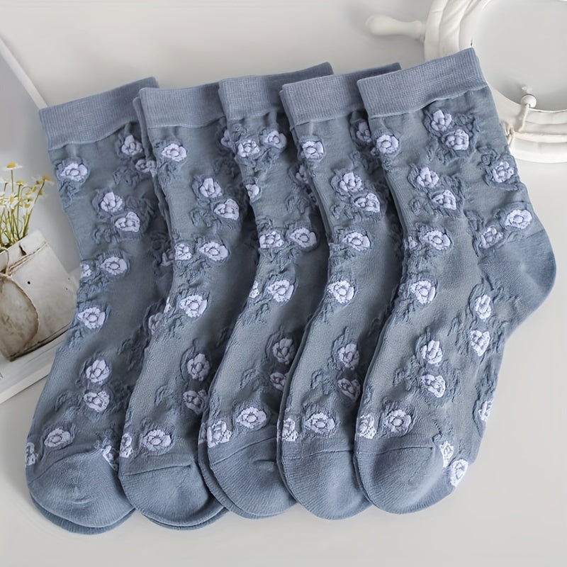 5 Comfy Cartoon Flower Pattern Knitted Socks, Breathable Soft Crew Socks For Outdoor Wearing