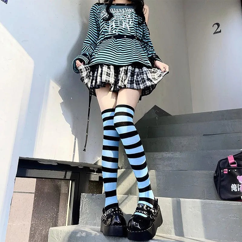 Harajuku Outfits Stylish Striped Thigh High Socks for Halloween - KawaSocks