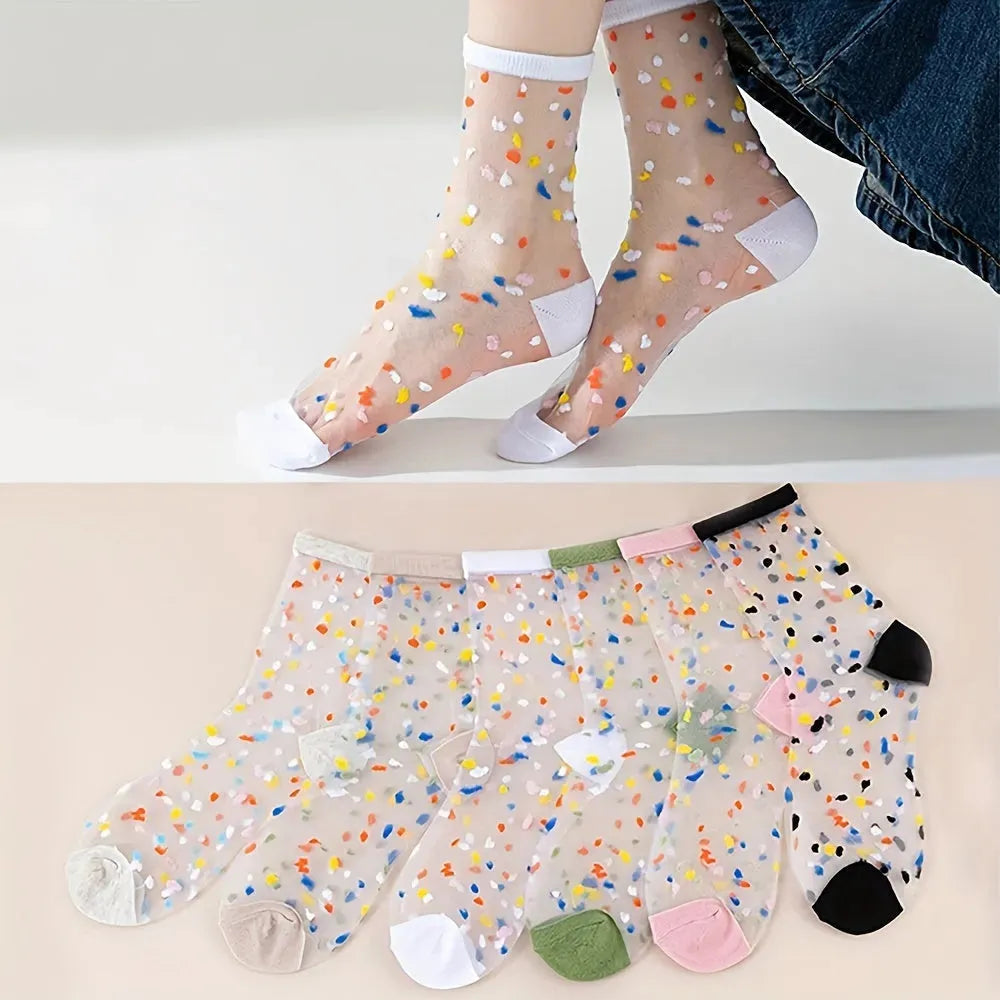 6 Pairs Sweetly Dotted Womens Socks - Lightweight Glass Silk Mid-Tube Style, Fashionable & Breathable, Perfect for Stockings Collection - KawaSocks