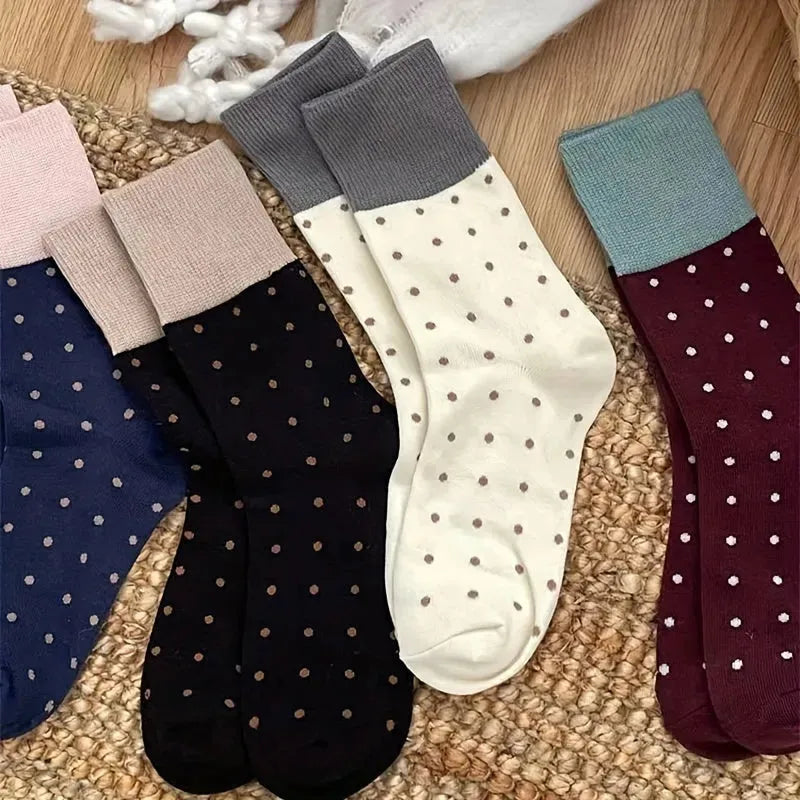 4 Pairs Retro Polka Dot Print Socks, Japanese Style Colorblock Mid Tube Socks, Women's Stockings & Hosiery - KawaSocks