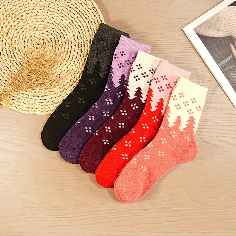 Women's Polyester Crew Socks 5 Pairs - Vintage Polka Dot & Tree Pattern, Comfortable Knit Fabric, Stretchy Warm Mid-Calf Length Socks with Moisture-Wicking for Autumn and Winter - KawaSocks