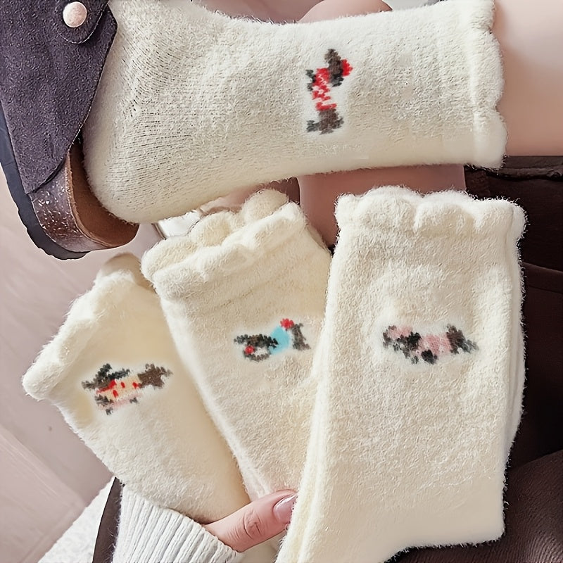 4 Pairs Women'S Winter Warm Fuzzy Socks, Cute Cartoon Plus Velvet Padded, Solid Color Knit Fabric, Polyester 90% Spandex 10%, Hand Washable, 300g/m² - Cozy Japanese Style Floor Sleep Socks