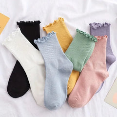 7 Pairs Women's Socks, Ruffle Turn-Cuff Casual Crew Socks Multicolor Breathable Casual Calf Socks Size 6-11 - KawaSocks