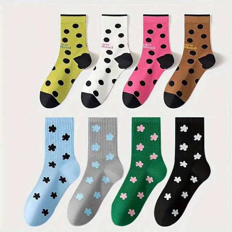 8 Pairs Womens Cute Crew Autumn And Winter Mid-calf Socks Casual Athletic Aesthetic Socks Anti-slip Outdoor Sports Skin-friendly Fabric Neutral Cotton Socks For Women Granola Girls Clothes Lightweight Breathable For Girls Gif - KawaSocks