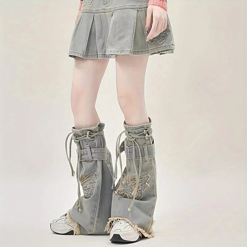 Y2K Style Butterfly Washed Denim Leg Warmers | Y2K Outfits - KawaSocks