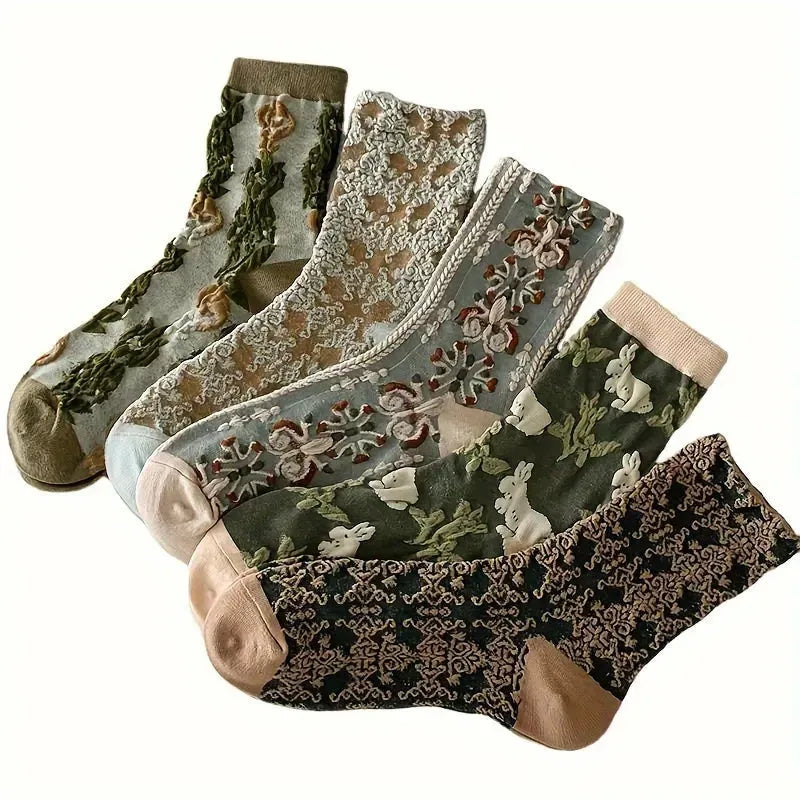 10 Pairs Womens Floral Casual Socks Vintage Patterned Crew Socks Embroidered Floral Dress Socks Fashion Socks For Women Girls - KawaSocks