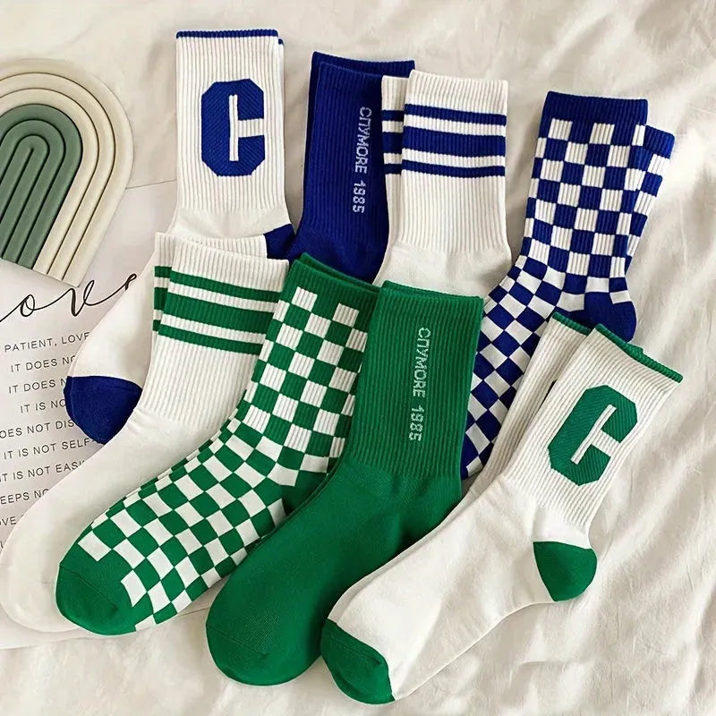 10 Pairs Of Mixed-color Klein Blue Checkerboard Student Sports Socks For Couples, Long Socks For Men And Women, Mid-calf Socks, Long-tube Running Socks, Versatile Casual Socks, Crew Socks, Youth Socks - KawaSocks