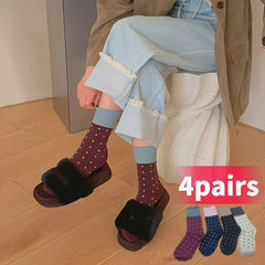 4 Pairs All-Season Knit Fabric Polyester Socks - Polka Dot, Elegant Mid-Length, Hand Wash Only - KawaSocks