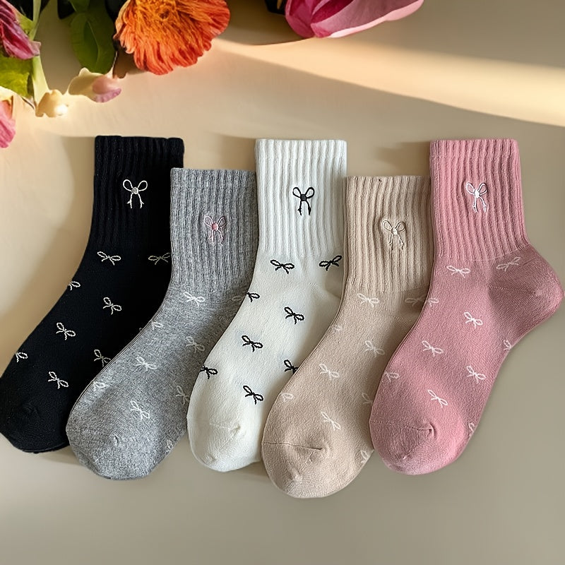 5 Pairs Embroidered Bowknot Socks, Cute Sweet Style Fashionable Versatile Short Socks, Geometric Pattern, Knit Fabric, Polyester 95%, Spandex 5%, Hand Wash Only