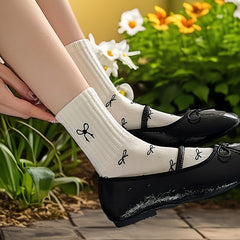 5 Pairs Embroidered Bowknot Socks, Cute Sweet Style Fashionable Versatile Short Socks, Geometric Pattern, Knit Fabric, Polyester 95%, Spandex 5%, Hand Wash Only