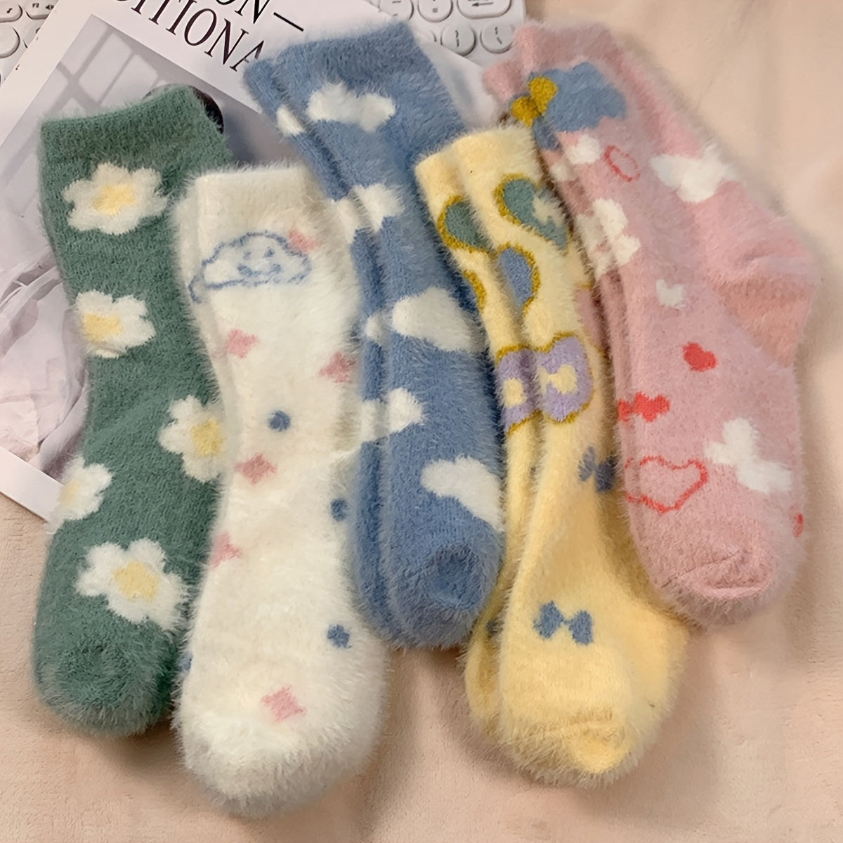 5 Pairs Floral & Butterfly Pattern Socks, Cute & Sweet Fluffy Warm Mid Tube Socks For Fall & Winter, Women's Stockings & Hosiery