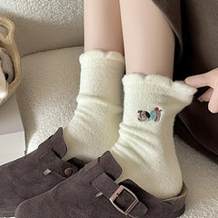 4 Pairs Women'S Winter Warm Fuzzy Socks, Cute Cartoon Plus Velvet Padded, Solid Color Knit Fabric, Polyester 90% Spandex 10%, Hand Washable, 300g/m² - Cozy Japanese Style Floor Sleep Socks