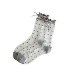 [Elegant Bowknot Socks for Women] 3pcs Elegant Sheer Mesh Bowknot Socks for Women - Cute Polka Dot, Breathable Polyester Blend, Perfect for Spring & Summer