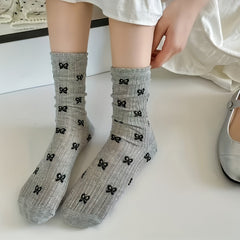 4 Pairs Of Bow And Polka Dot Print Socks, Sweet And Breathable Ruffled Crew Neck Socks, Women's Stockings And Socks - Autumn