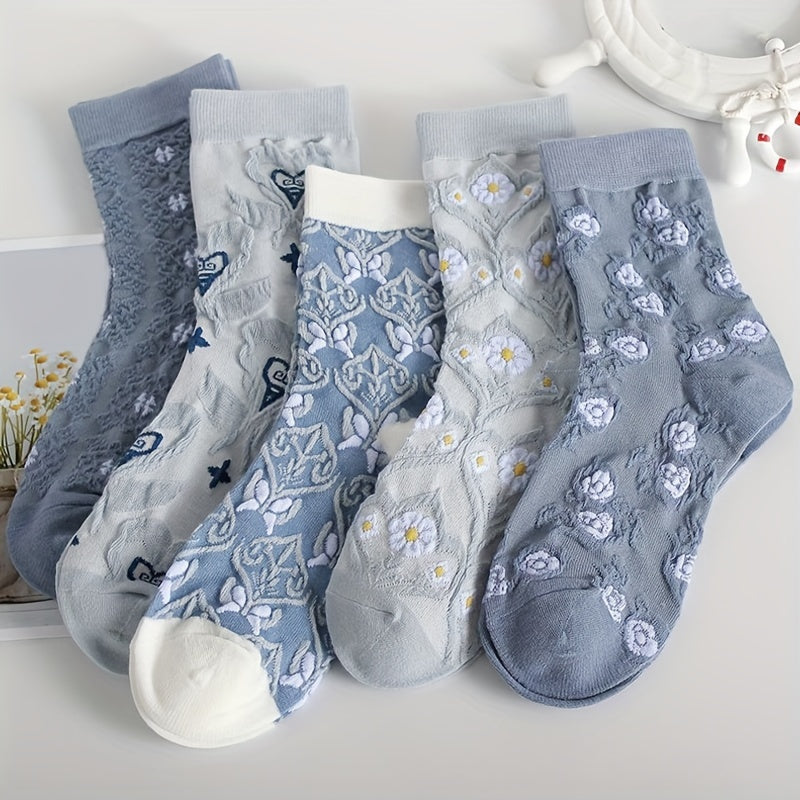 5 Comfy Cartoon Flower Pattern Knitted Socks, Breathable Soft Crew Socks For Outdoor Wearing