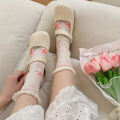 6 Pairs Of Women Mesh Floral Print Lace Trimmed Crew Socks, Soft Comfy Cotton Blend Women's Socks For All Seasons Wearing