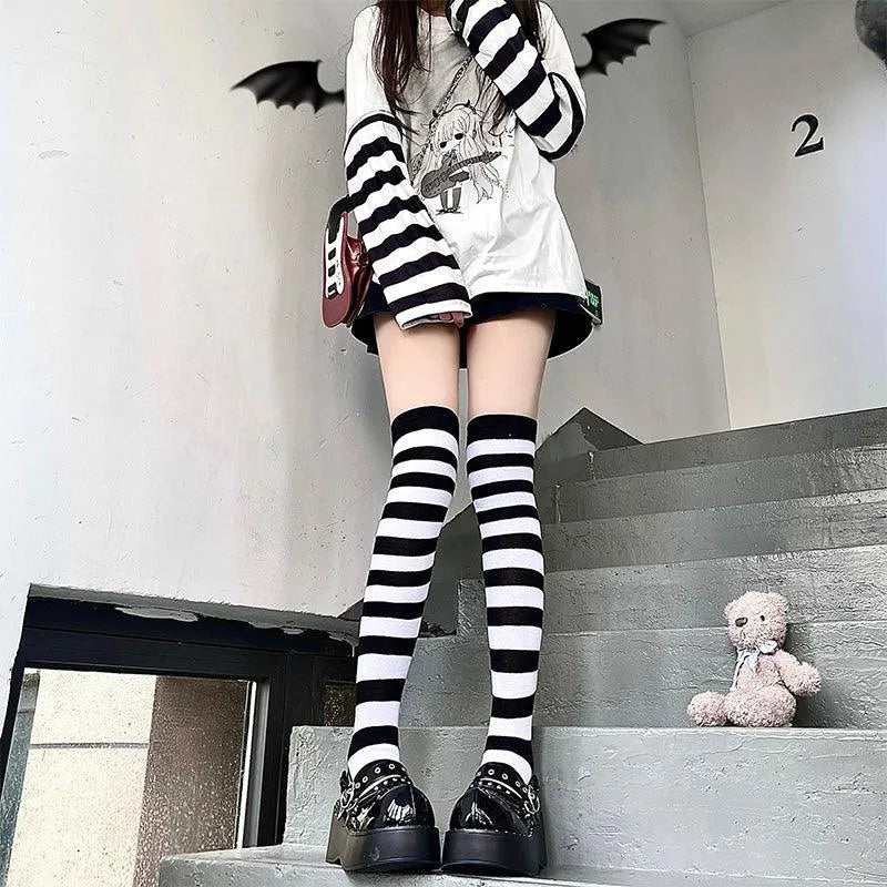 Harajuku Outfits Stylish Striped Thigh High Socks for Halloween - KawaSocks