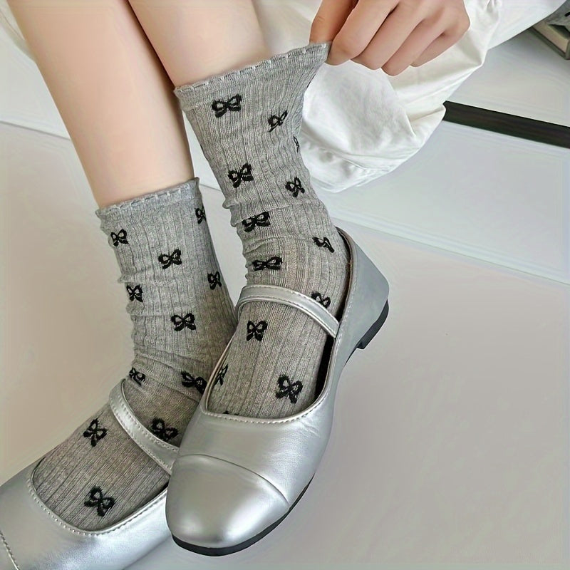 4 Pairs Of Bow And Polka Dot Print Socks, Sweet And Breathable Ruffled Crew Neck Socks, Women's Stockings And Socks - Autumn