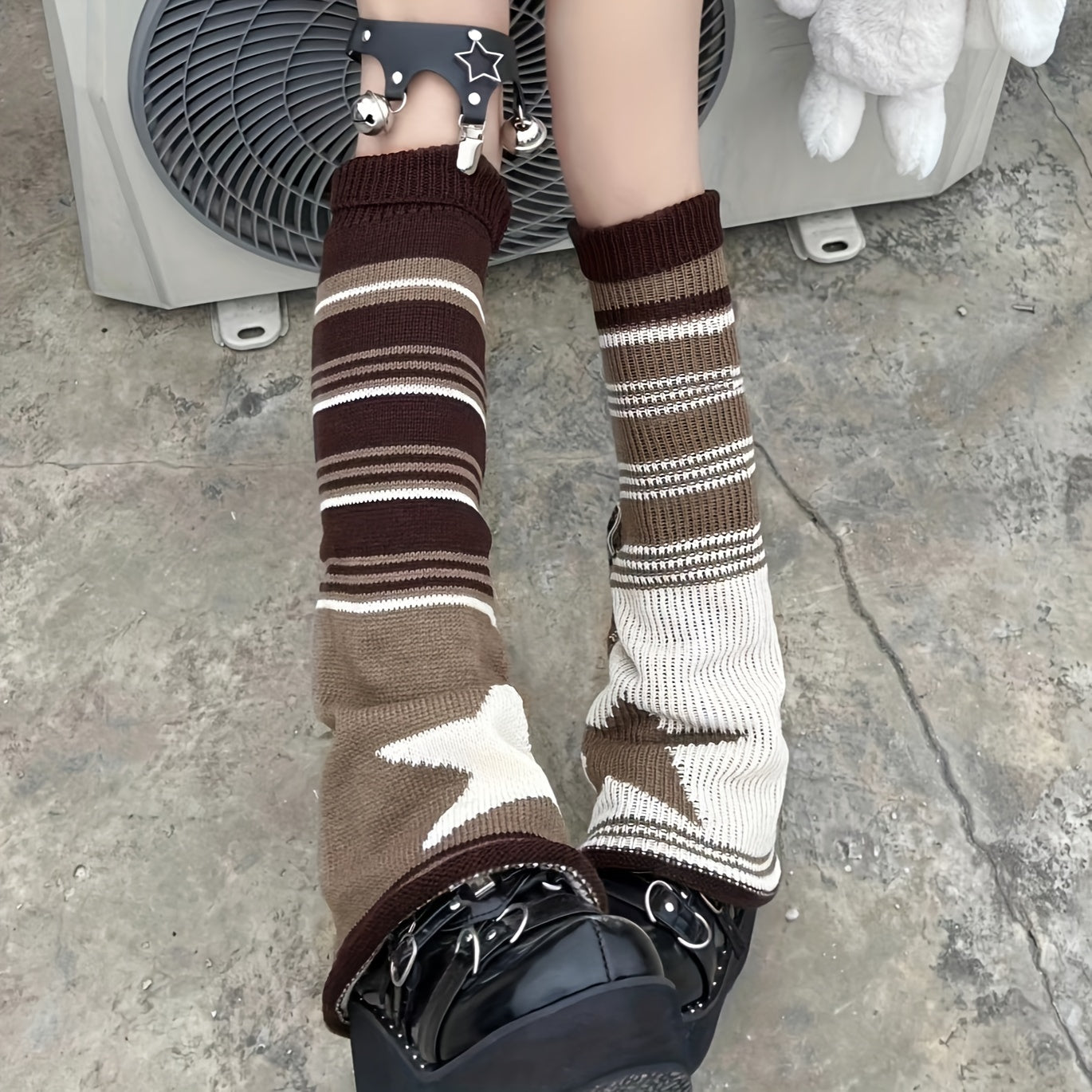 1 Pair Women's Fashionable Knit Leg Sleeves with Asymmetrical Star Pattern, Y2K Style, Cute Dress-Up Accessory, Five-pointed Star, Striped