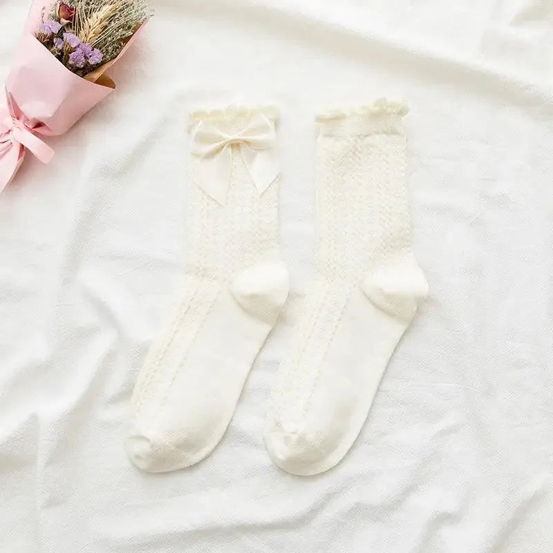 Beige Cream Color Lace Bow Socks | Sweet Lolita Dresses - KawaSocks