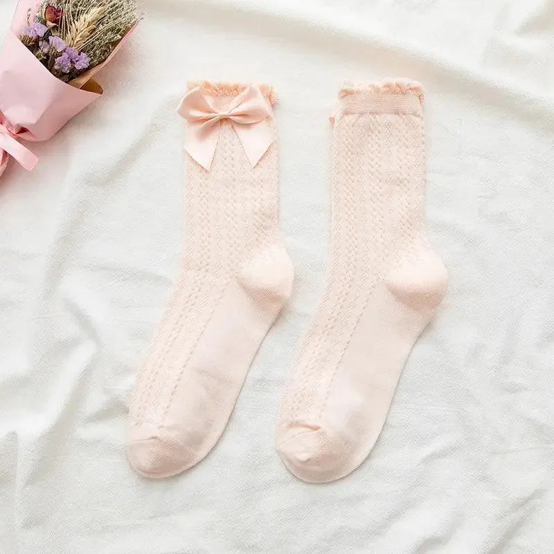 Beige Cream Color Lace Bow Socks | Sweet Lolita Dresses - KawaSocks