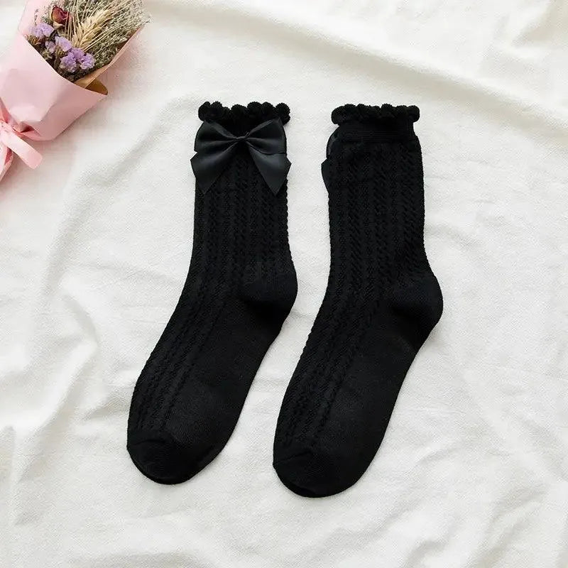 Black Lace Frilly Socks with Bow | Mysterious and Elegant Crew Socks - KawaSocks