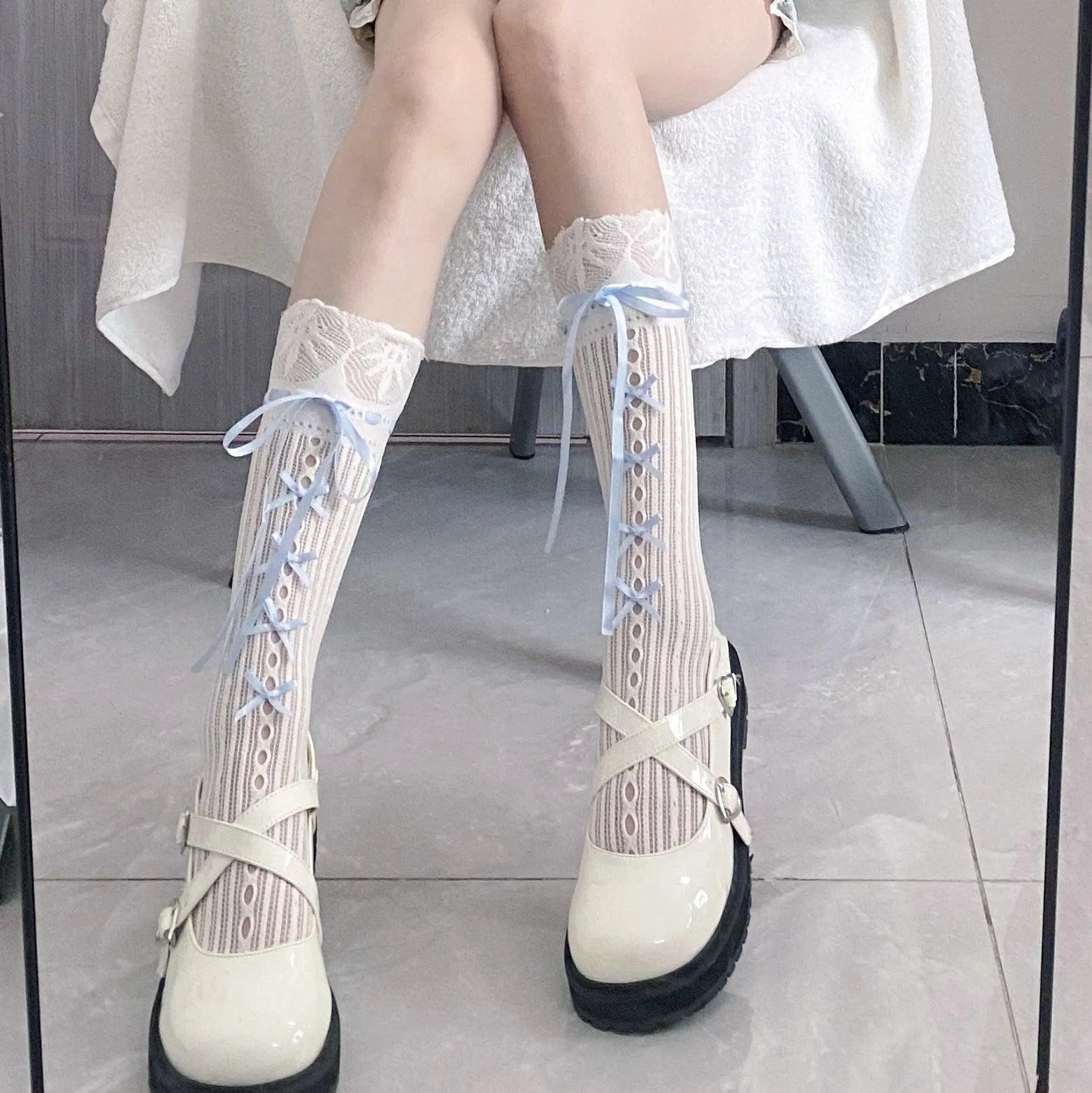 Blue Ribbon Lace Lolita Babydoll knee high socks for women - KawaSocks