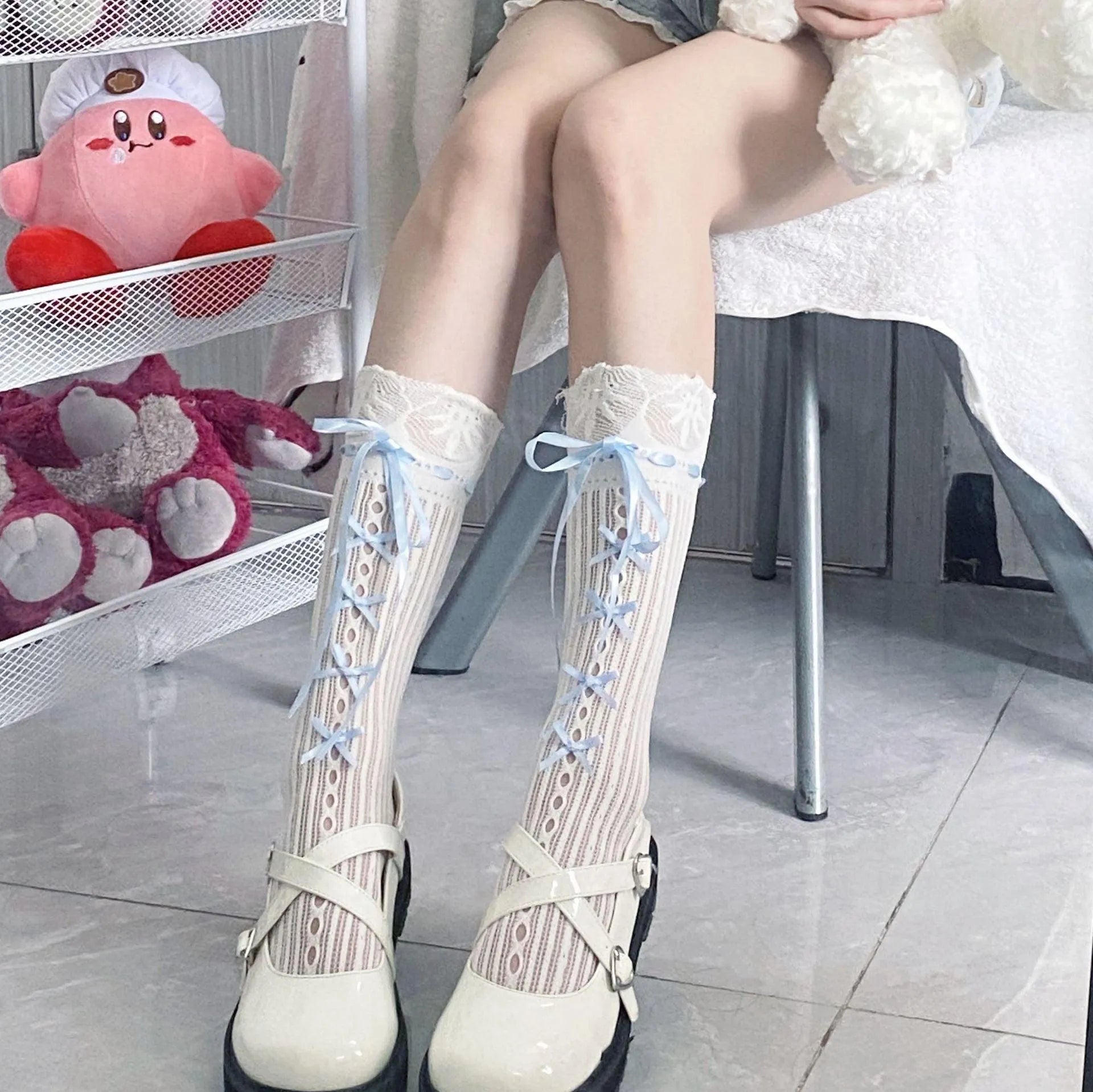 Blue Ribbon Lace Lolita Babydoll knee high socks for women - KawaSocks